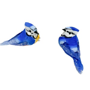 Decorative Blue and Yellow Blue Jays On CLIPS - Mushroom Birds - Home Decor, Christmas, Ornament, Millinery, Crafts, Party Supplies, Favor