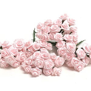 May include: A bunch of pale pink satin roses with green stems. The roses are arranged in a cluster, with some of the stems overlapping.
