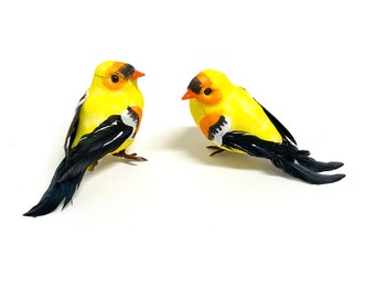 2 Decorative Artificial Yellow and Black Finches on Clips - MINOR BLEMISHES - Christmas Decoration, Ornament, Wedding, Wreath, Bird, DIY