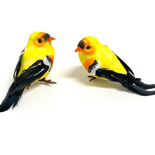 2 Decorative Artificial Yellow and Black Finches on Clips - MINOR BLEMISHES - Christmas Decoration, Ornament, Wedding, Wreath, Bird, DIY