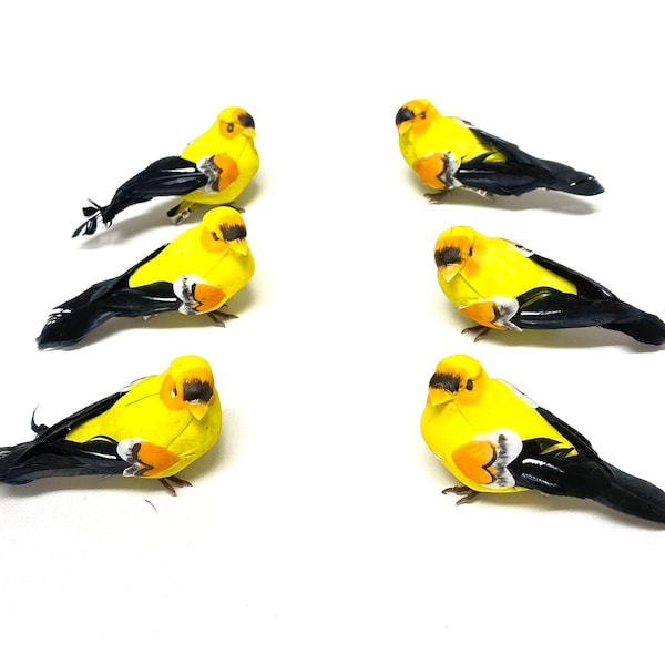 6 BLEMISHED Decorative YELLOW Artificial Finches on Clips - Home Decor, Christmas Decoration, Ornament, Wedding, Wreath, Bird Nest, DIY