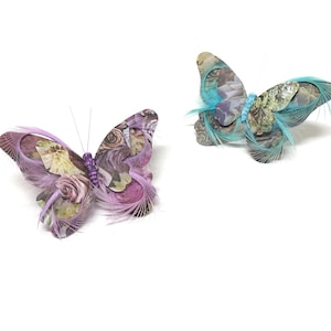 2 Paper and Feather Butterflies On Clips - Artificial Butterflies, Cake Topper, Flower Crown, Gift Topper, Baby Shower, Millinery, Wreath