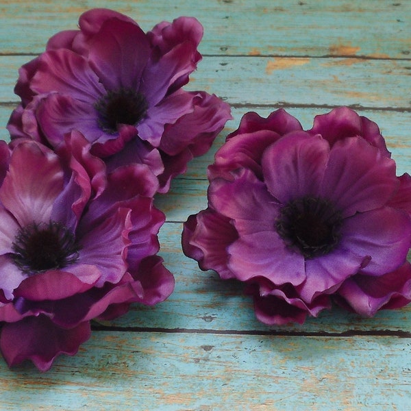 Silk Flowers - Three Anemones in Shades of Purple - 3.75 Inches - Artificial Flowers