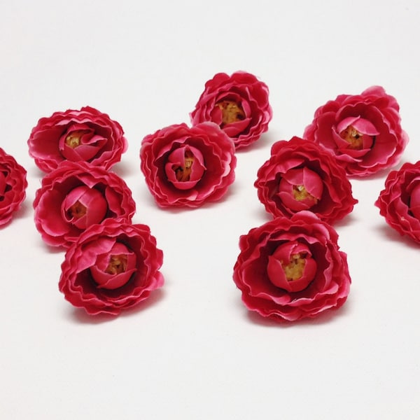 Silk Flowers - 10 Artificial Mini Ranunculus in DARK PINK - 1.5 Inches - Artificial Flowers