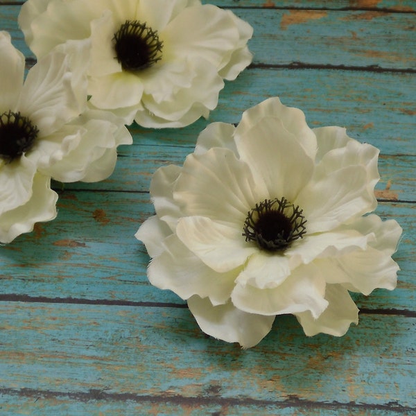 Silk Flowers - Three Creamy White Anemones - 3.75 Inches - Artificial Flowers