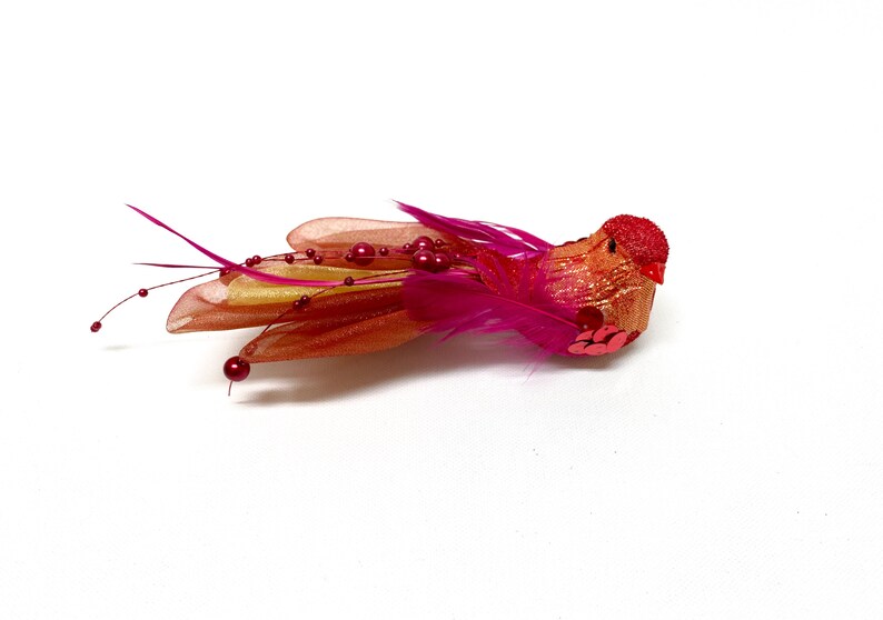 Artificial FUCHSIA RED Decorative Bird with Feather Wings on Clip Craft Bird, Home Decor, Wedding, Christmas Ornament, Wreath, Hat image 1