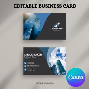 de Carte de visite bleue pour immobilier modifiable | de visite moderne pour agent immobilier | Carte de marque numérique imprimable pour agents