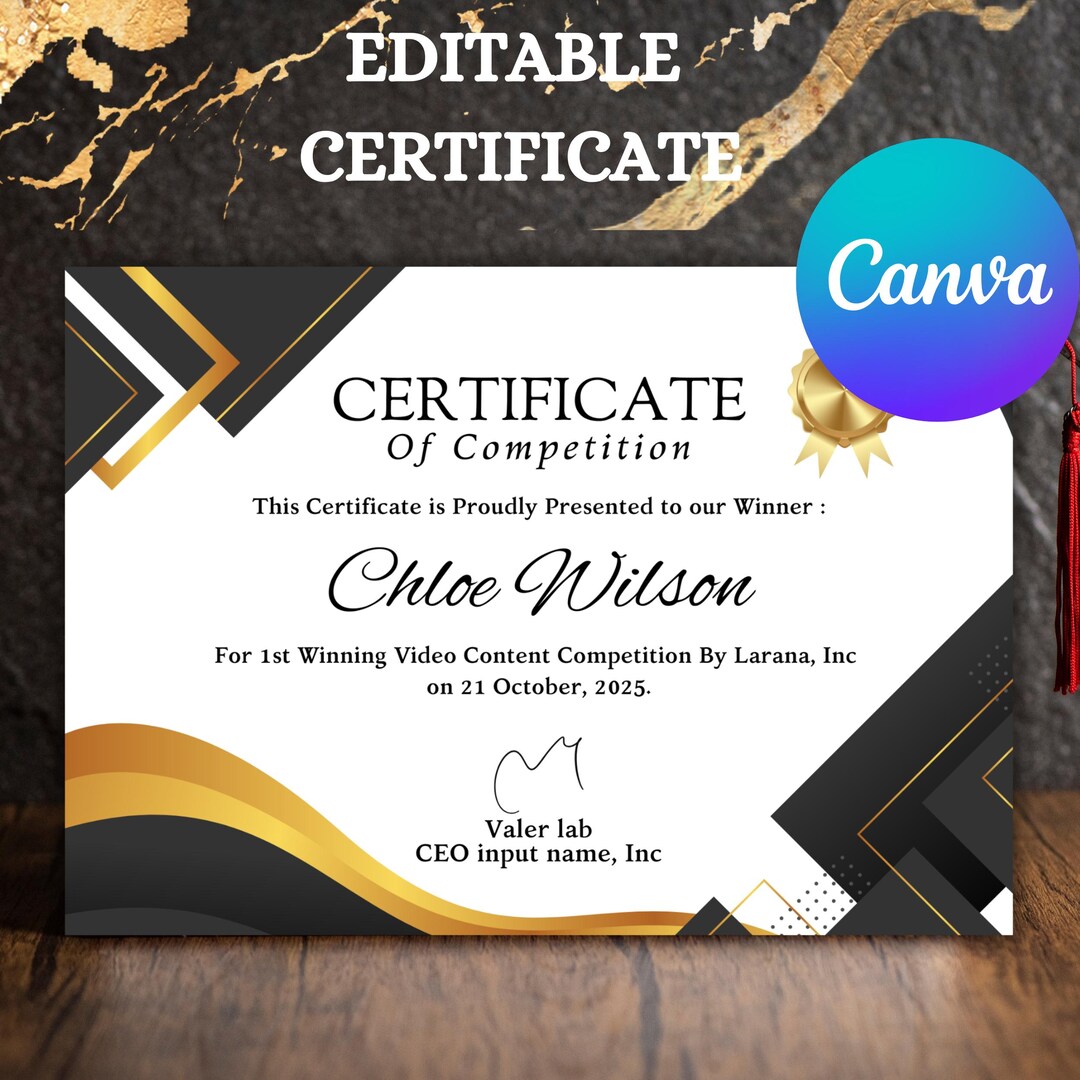 Editable Competition Certificate – Black & Gold Canva Template - Etsy