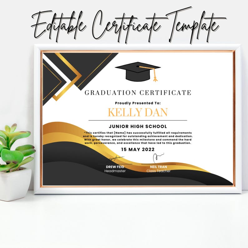 Editable Graduation Certificate Template | Black Gold Canva Certificate ...