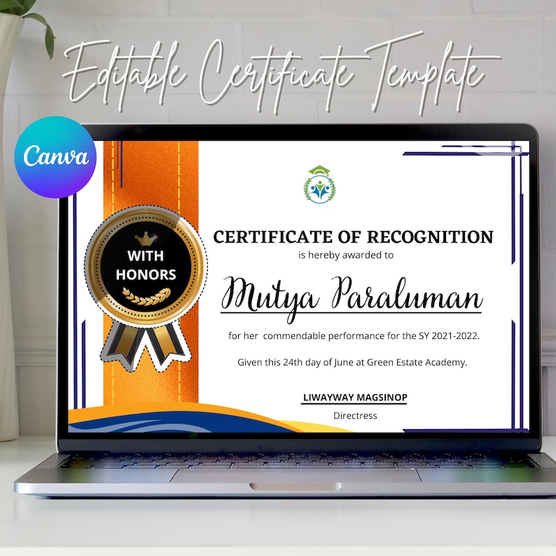 Editable Certificate of Recognition Template | White Orange Blue Honors ...