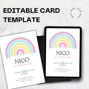 Kinder Regenbogen Geburtstagseinladung Vorlage, bearbeitbare digitale Partykarte für Mädchen oder Jungen, bunte druckbare Kinder einladen, sofortiger Download