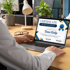 Blue and Gold Certificate of Recognition | Editable Award Template | Printable PDF for Employee, Student, Achievement | Instant Download