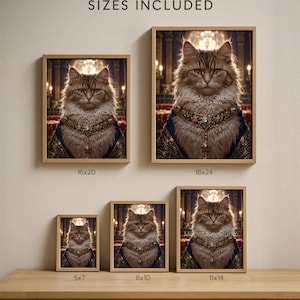 Royal Cat Portrait – Fluffy King Cat in Gold Renaissance Robe | Fantasy Digital Wall Art Printable, Regal Animal Poster