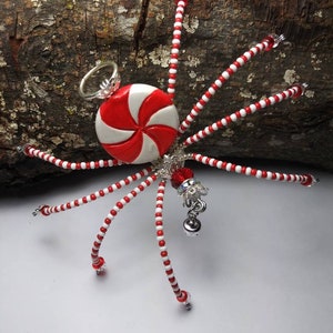 Peppermint Christmas Spider Ornament, Beaded Legs, Scented