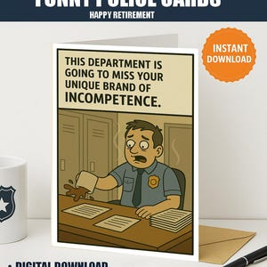 Cartes de police drôles | Carte de retraite imprimable pour collègue | Blague d'adieu avec humour noir | Téléchargement numérique PDF JPG