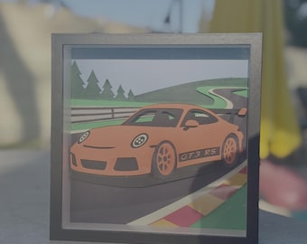 Car Shadow Box Art – 3D Paper Automotive Wall Decor, Racing Car Art, Gift for Car Enthusiasts