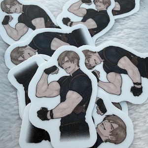 May include: A collection of white stickers featuring a muscular, smiling character in a black shirt and gloves. The character is flexing his arm. The stickers are on a white, textured surface.