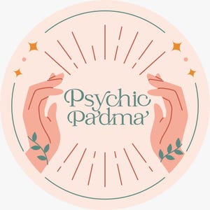 May include: A circular logo with the text "Psychic Padma" in teal script. The logo features two hands in a peach color, with green leaf accents, reaching towards radiating lines. The background is a light peach color with four orange starbursts.