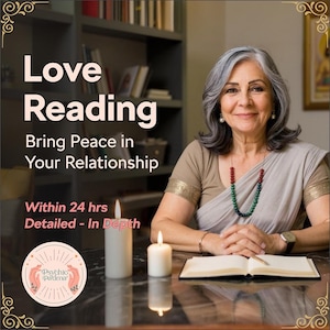Op de afbeelding: Afbeelding die een liefdesleesservice promoot. De tekst luidt: "Love Reading, Bring Peace in Your Relationship, Within 24 hrs, Detailed - In Depth." Een vrouw met grijs haar zit aan een tafel met een boek, kaarsen en een ketting. Het logo "Psychic Padma" is ook zichtbaar.
