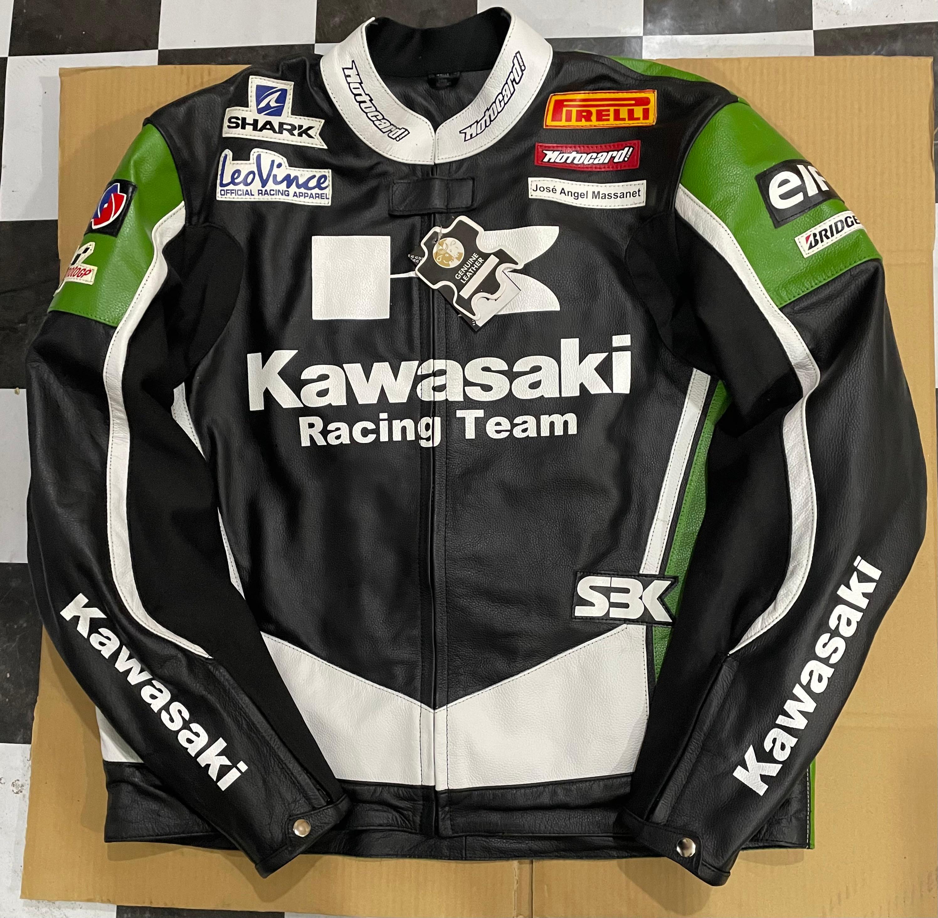 Kawasaki Racing Team Leather Jacket CE Armored Motorbike Gear