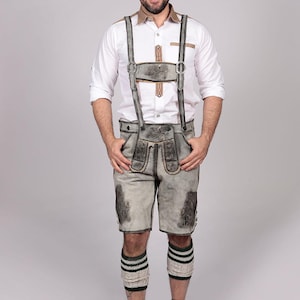 Men’s Grey Lederhosen Bavarian Outfit Oktoberfest Costume with Suspenders Traditional German Leather Shorts Set
