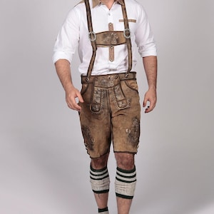 Men’s Bavarian Lederhosen Outfit Traditional German Costume for Oktoberfest Embroidered Leather Shorts with Suspenders