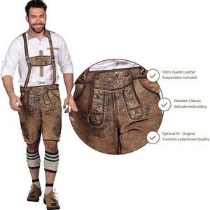 Vintage Brown Men’s Lederhosen Shorts with Suspenders | Traditional Bavarian Oktoberfest Costume in Suede Leather with Embroidery
