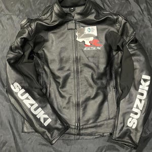 Men&#39;s Suzuki GSX-R Motorcycle Jacket Black Leather Biker Jacket CE Armored Riding Gear MotoGP Racing Jacket Custom XS-5XL
