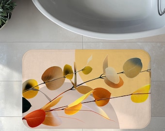 Alfombra de baño Retro Sunset Eucalyptus, alfombra de baño de espuma viscoelástica, decoración de baño, arte de hojas naranja quemado y amarillo, estilo botánico abstracto de los años 70