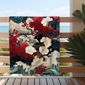 Japanese Ocean Wave Cherry Blossom Beach Towel, Floral Beach Towel, Luxurious Cotton-Poly Blend Large Pool Towel, Beach Gift, Sakura Asian