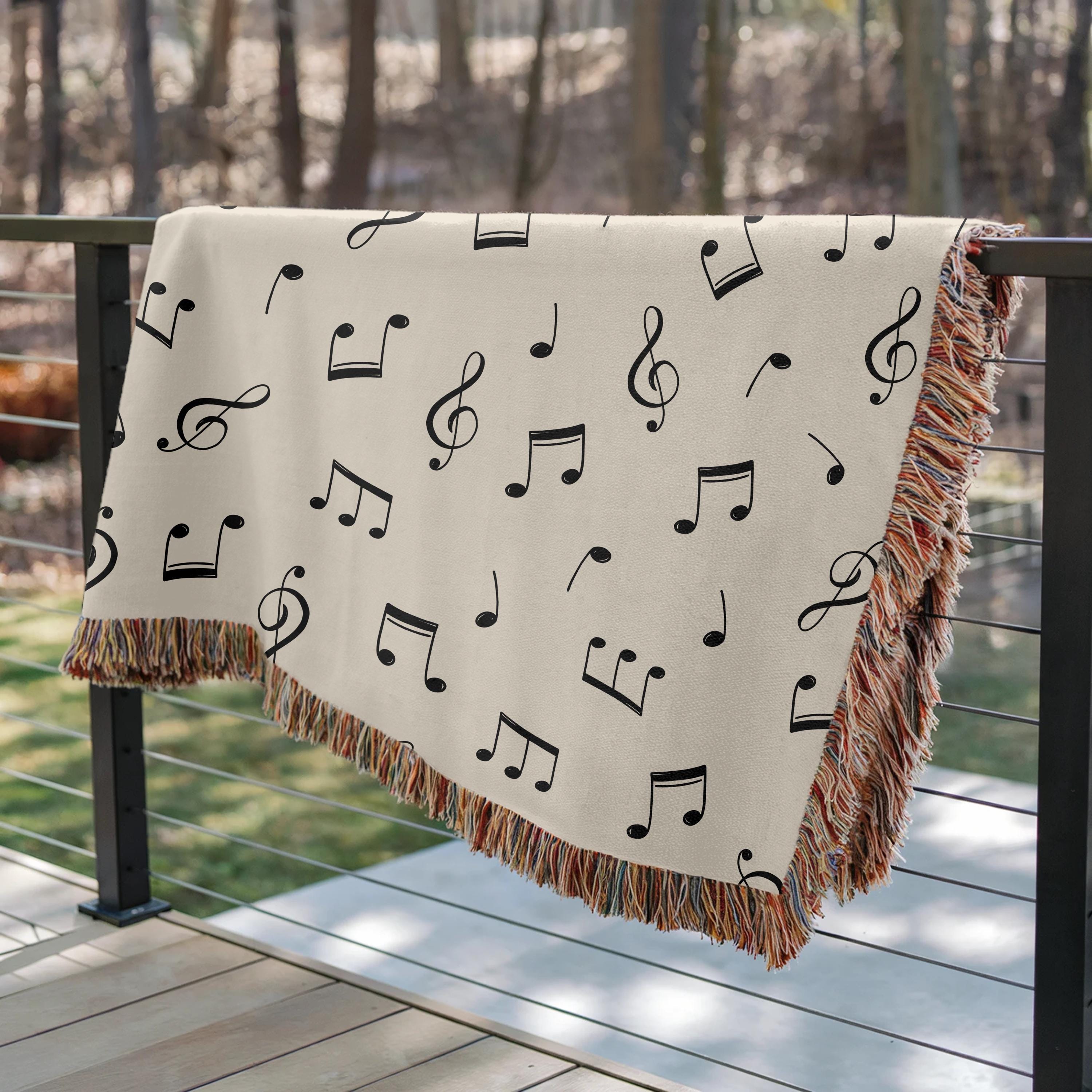 Music Notes Woven Blanket, Blanket, Cotton Tapestry, Elegant Decor