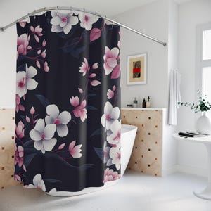 Japanese Cherry Blossom Floral Shower Curtain, Boho Gift Romantic Spring Blossom Decor, Pink and White Flower Print, Garden Lovers Gift