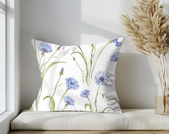 Cornflower Dreams Luxurious Watercolor Floral Square Pillow, Gift Decorative, Vintage Botanical, Cozy Stylish Home, Blue & Gold Blooms Decor