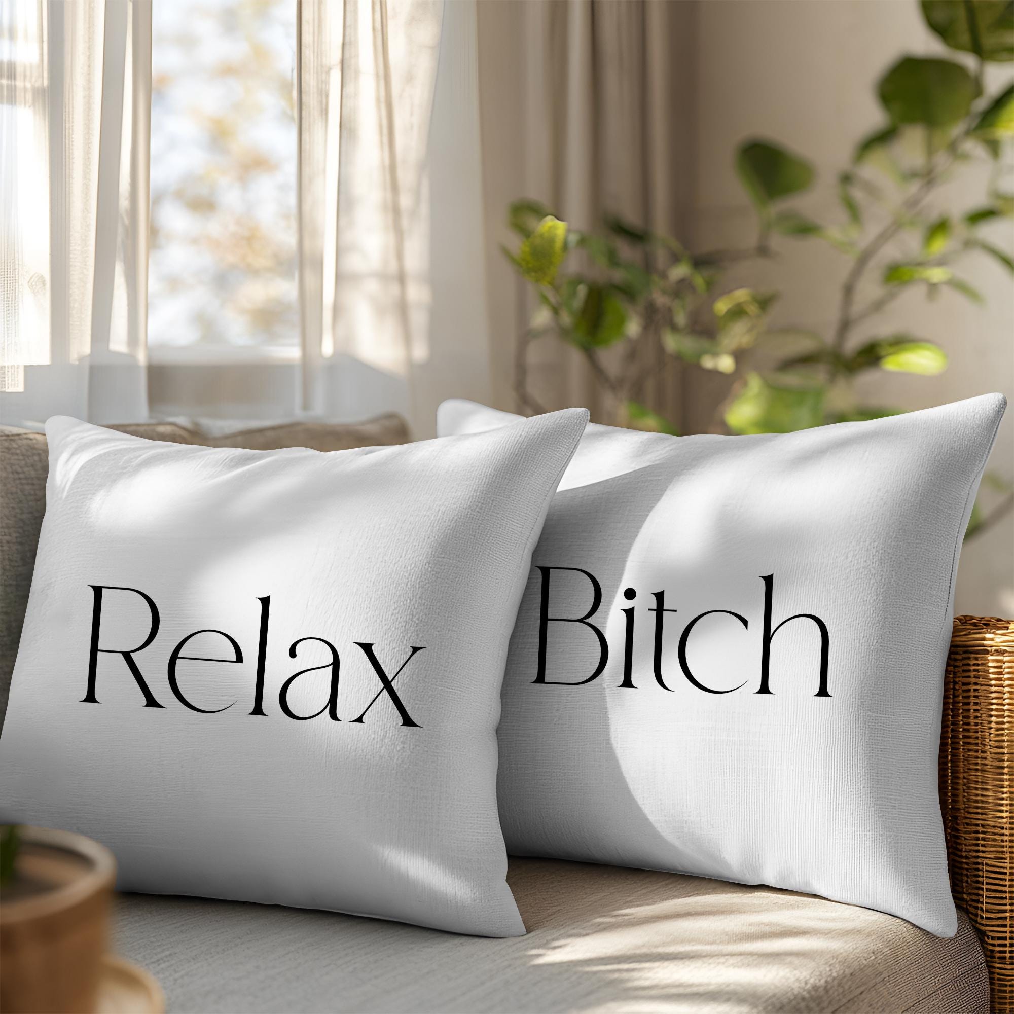 Relax Bitch Funny Throw Pillow Set, 2 Pillow Set, Bold Sass Décor for Bedroom, Dorm or Living Room, One Word Per Pillow, Cheeky Cushion Gift