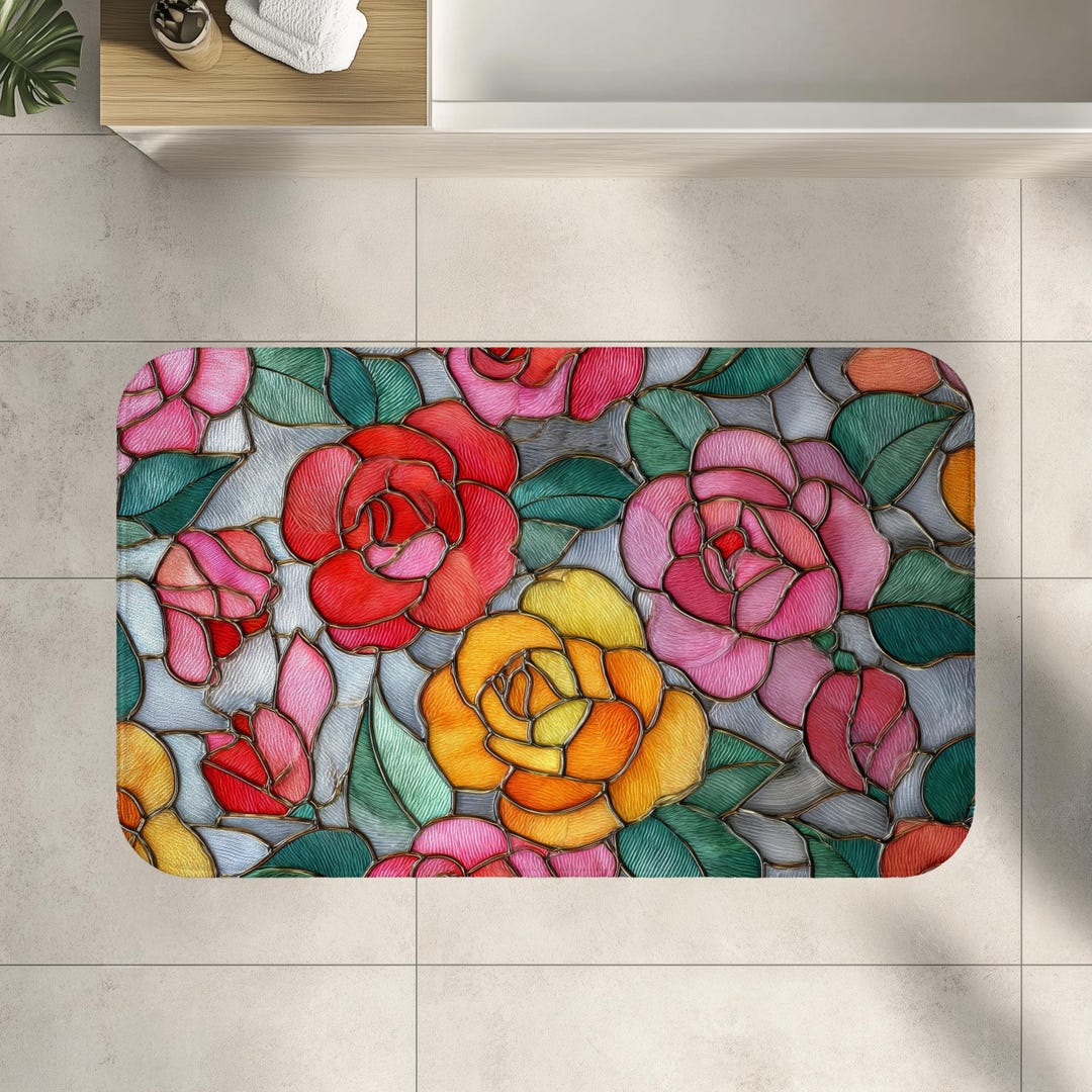 Stained Mat Stained Glass Rose Bath Mat, Memory Foam Bath Rug, Bathroom Decor ...
