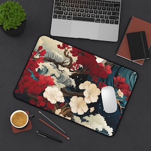 Japanese Ocean Wave Cherry Blossom Desk Mat, Unique Mouse Pad, Stylish Mat, Boho Neoprene Pad Mat Modern Desk Accessory, Sakura Asian Zen