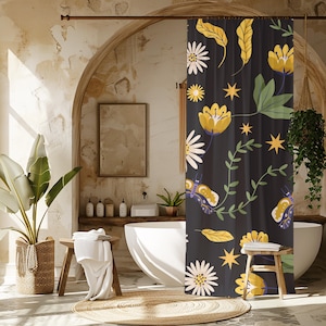 Black Botanical Shower Curtain, Boho, Dark Academia, Maximalist, Gothic, Cottagecore Decor, Whimsical Boho Nature Bathroom Decor Gift