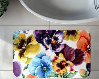 Watercolor Pansy Floral Bath Mat, Bathroom Decor, Elegant Gift Rug, Boho Memory Foam Mat, Soft Non-Slip Bath Rug Plush Bath Mat, Cottagecore