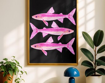 Pop Art Sardine Wall Art, Neon Pink Sardines Poster, Vibrant Kitchen Decor, Retro Ocean Artwork, Contemporary Seafood Print