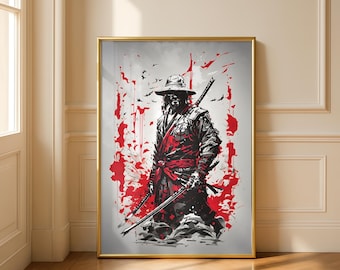 Samurai Warrior Wall Art, Red & Black Japanese Warrior Poster, Bold Katana Samurai Print, Modern Asian Decor Gift for Him Martial Arts Lover