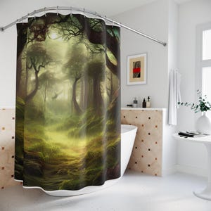 Mystischer verzauberter Wald Duschvorhang, Boho, Cottagecore Dekor, wunderliches Boho Natur Badezimmer Dekor Geschenk, Fantasy Thema, Gelassenheit friedlich