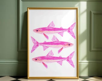 Pop Art Sardine Wall Art, Neon Pink Sardines Poster, Vibrant Kitchen Decor, Retro Ocean Artwork, Contemporary Seafood Print