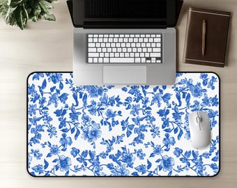 Blue French Toile Floral Desk Mat, Unique Mouse Pad Stylish Desk Mat, Boho Neoprene Modern Desk Accessories, Chinoiserie, Vintage Design