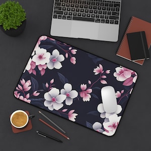Japanese Cherry Blossom Floral Desk Mat, Mouse Pad,  Gift, Nature Romantic Spring Blossom Decor, Pink and White Flower Print, Garden Lover