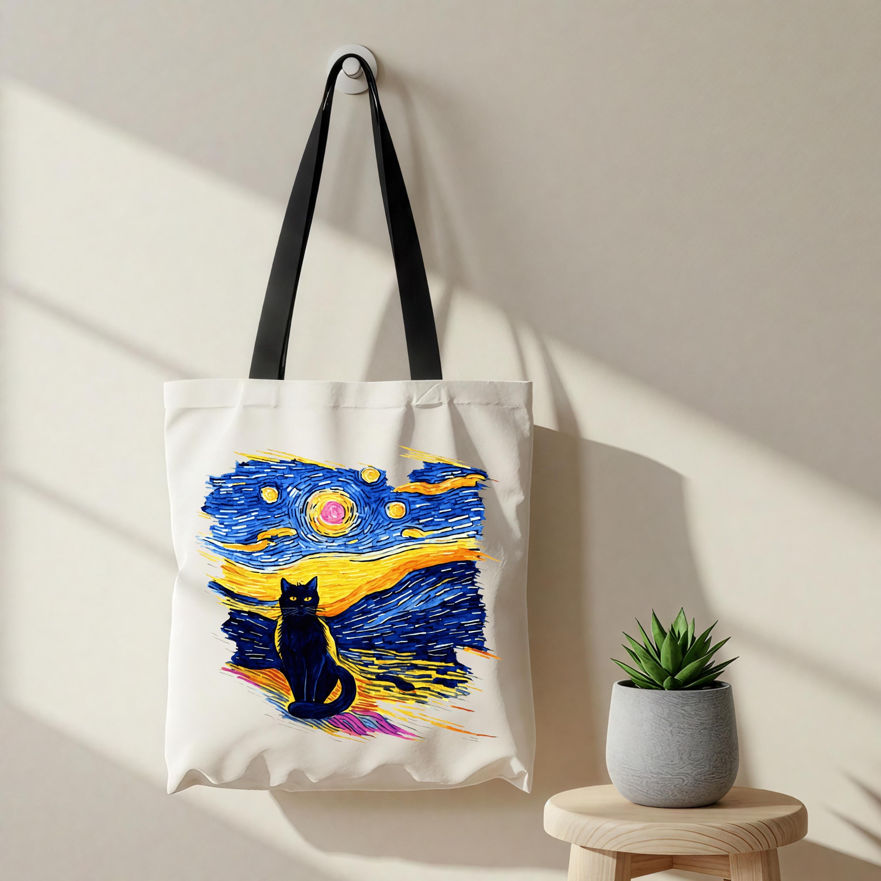 星月夜猫トートバッグ、黒猫アートデザイン、再利用可能なエコバッグ