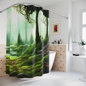 Mystischer verzauberter Wald Duschvorhang, Boho, Cottagecore Dekor, wunderliches Boho Natur Badezimmer Dekor Geschenk, Fantasy Thema, Gelassenheit friedlich