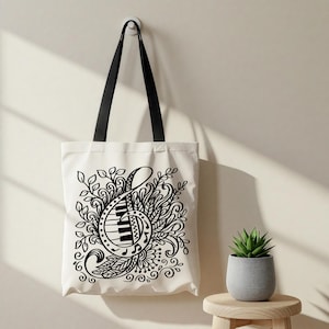 Treble Clef Floral Piano  Tote Bag, Music Lover Gift, Musician Bag for Pianist, Piano Teachers, Students, Piano Keyboard Design, Piano Lover