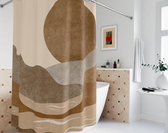Abstract Desert Sun Shower Curtains Bathroom Decor, Boho Earth Tone Landscape Warm Terracotta, Sand & Beige Minimalist Design, Scandinavian