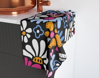 Handdoek retro pop-art bloemen, retro jaren 70 flowerpower, maximalistisch helder boho-decor, funky artistiek cadeau voor kleurenliefhebber, levendig leuk chic