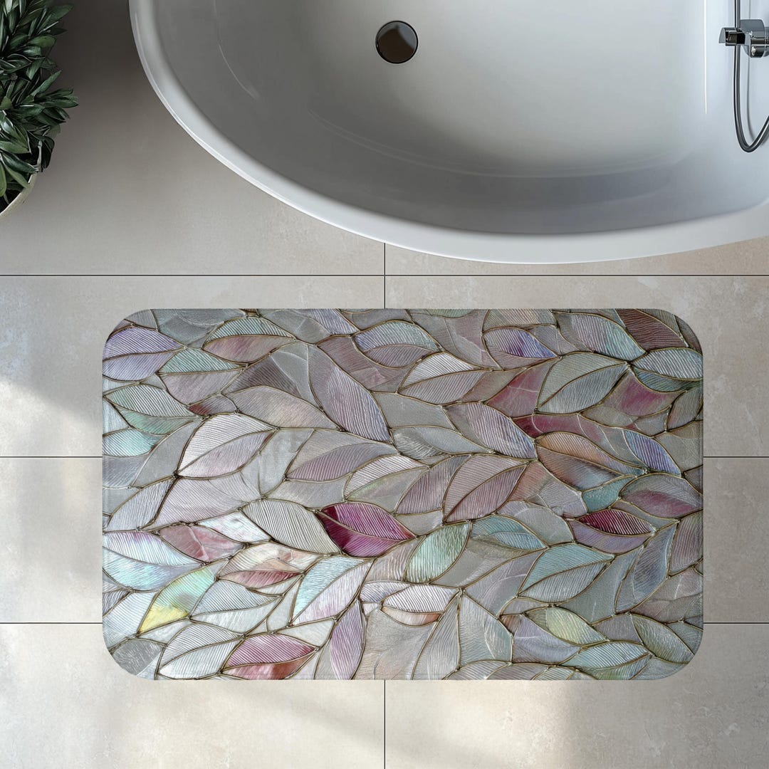 Stained Mat Stained Glass Leaves Design Bath Mat Decor, Rug Memory Foam, Soft Non ...